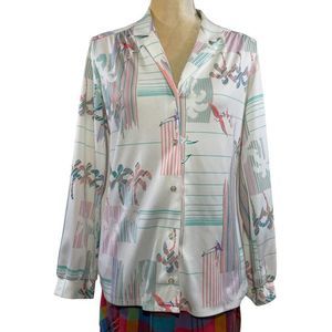 70s Vintage Polyester Button Front Long Sleeve Groovy Birds and Palm Trees Shirt